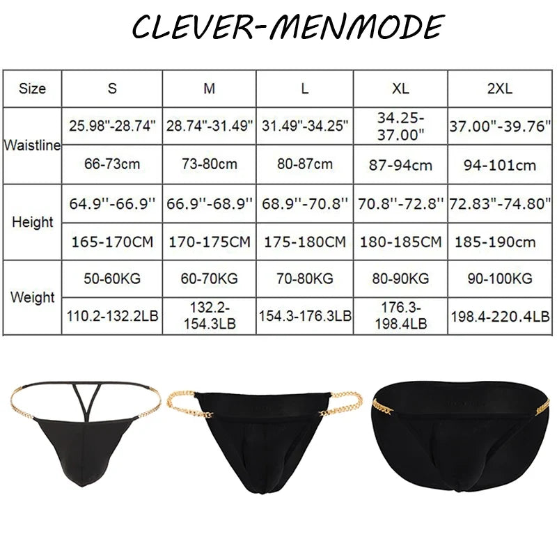 Men's Sexy Ultra Thin Low Rise High Slit Thong Metal Chain Low Rise G String Briefs Exotic Mini Micro Panties 18+ Adult Lingerie