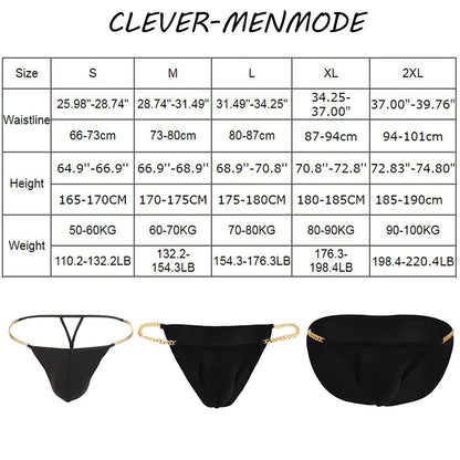 Men's Sexy Ultra Thin Low Rise High Slit Thong Metal Chain Low Rise G String Briefs Exotic Mini Micro Panties 18+ Adult Lingerie