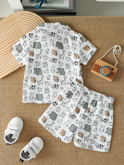 New Summer Dinosaur Cartoon Printed Short-Sleeved T-Shirt and Shorts