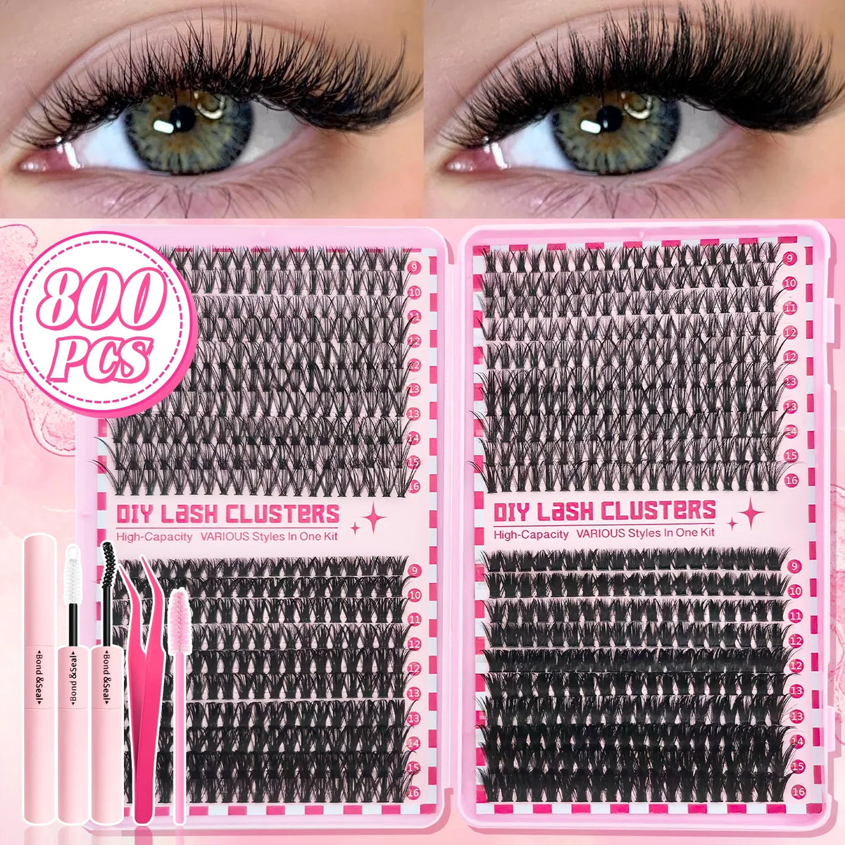 740/800PCS Eyelash Cluster Kit Mixed Lengths Ultra-Light Waterproof Lash Extensions Natural Daily Makeup or Dramatic Glam Look