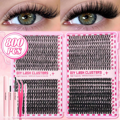 740/800PCS Eyelash Cluster Kit Mixed Lengths Ultra-Light Waterproof Lash Extensions Natural Daily Makeup or Dramatic Glam Look