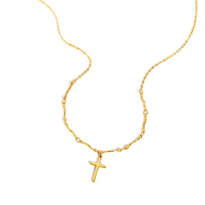 Minimalist Stainless Steel Cross Pendant Necklace, Non-fading Gold Plated Wave Chain Charm Necklace, Exquisite Jewelry for Women