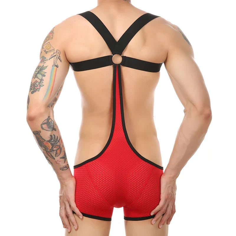 CLEVER-MENMODE Men's Sexy Openwork Mesh Boxer Shorts Jumpsuit Elastic Strap Body Tights Lingerie Sissy Bondage Costume Adult 18+