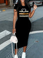 Summer heart-shaped print short sleeved women's sexy dress Casual Round Neck Pullover Dress Solid Color