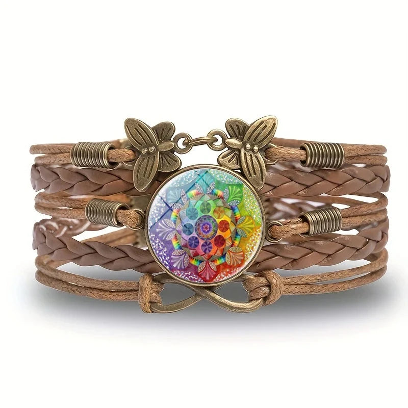 Classic Mandala Butterfly Infinity Charm Bracelet Vintage Multilayer Brown Woven Leather Bracelets For Women Men
