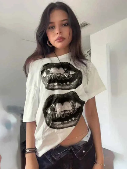 Women’s Streetwear Mouth Print Loose T-Shirt