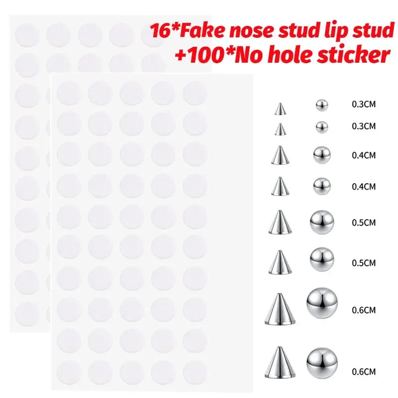 Fake Piercing Stud Set Fake Nose Ring Stud with Sticker Pack Fake Eyebrow Lips Piercing Non Piercied Earring Stud Body Jewelry