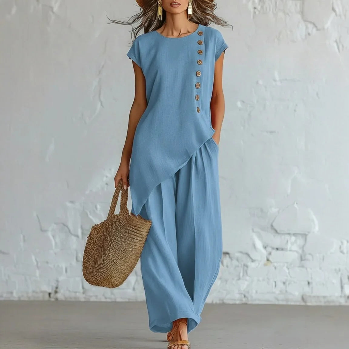 Women 2 Piece Set Elastic Waist Pocket Button Decorate Wide Leg
