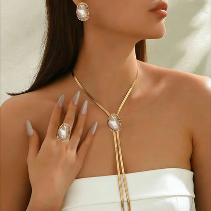 Elegant French Spiral Black Resin Stone /Imitation Baroque Pearl Jewelry Set Women Herringbone Chain Necklace Earrings Ring