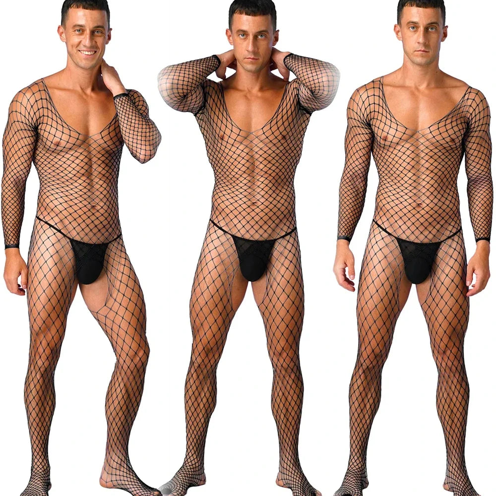 Sexy Adult Couple Sex Tоy 2025 Man's Fishnet Lingerie Jumpsuits Male Sheer Babydoll Nightwear Sleepwear Porn Gentlemen Underwear