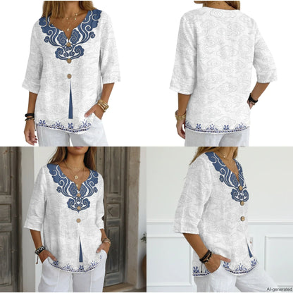 INSTANTARTS Elegant Sets Two Piece Set Linen Shirt Wide-leg Pants Set Wave Set for Woman Linen Pants and Blouse Set S-3XL