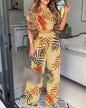 Spring Summer Flower Print Slim Suit Women Sexy O-Neck Short Sleeve Short T-shirt Top High Waist Wide Leg Pants Trousers Suit