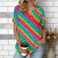 Women Print Notched V Neck Short Sleeve Casual Loose Tunic Tops