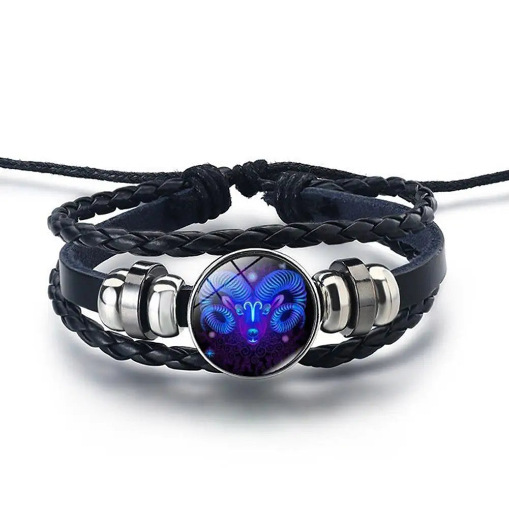 12 Constellation Gem Leather Bracelet Men Women Glass Bracelet
