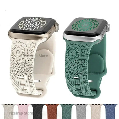 Apple Watch Engraved Silicone Band, Ornamental or Leopard