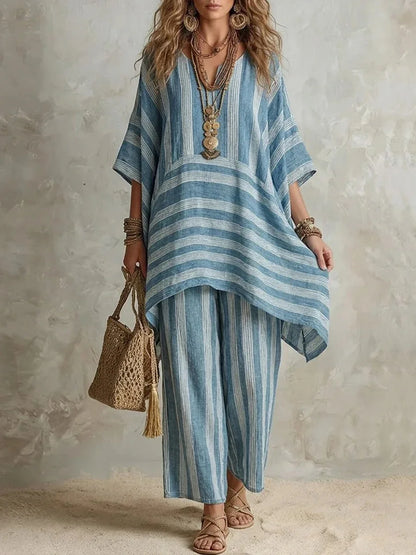 New Women's Two Piece Spring/summer Fashion V-Neck Loose Striped