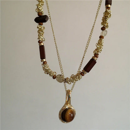 Vintage Leather Brown Stone Sun Pendant Beaded Choker Clavicle Chain Necklace For Women Unique Y2K Personalized Grunge Jewelry