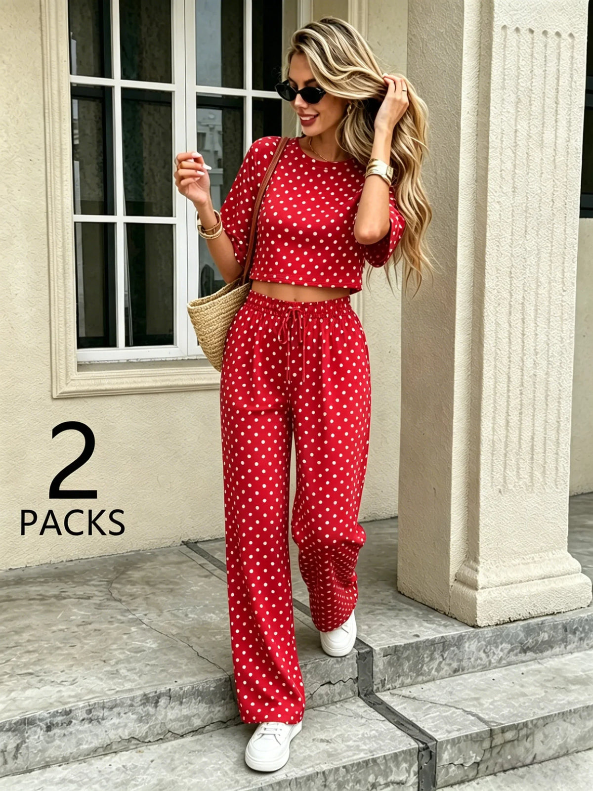 Women Polka Dot 2 Pcs Summer Set Short Sleeve Crop Top Drawstring Wide Leg Pants, Vacation Streetwear Matching Outfits
