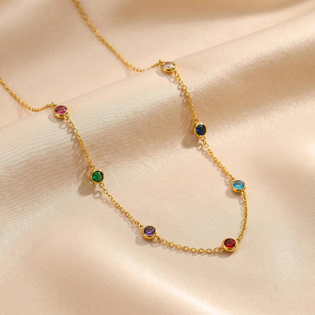Dainty Colorful CZ Station Choker Necklace, Womne's Gold Plated Stainless Steel Chain Tarnish Free Stackable Jewelry Waterproof