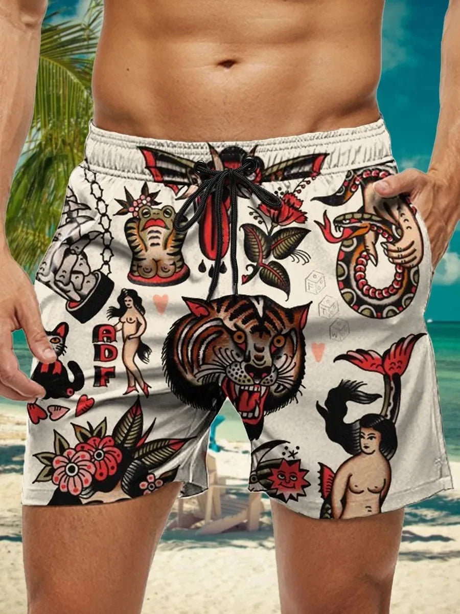 Summer New Men's Shorts Swimming Pants Drawstring Retro Fashion Print Holiday Beach Holiday Hawaiian Micro Elastic Shorts