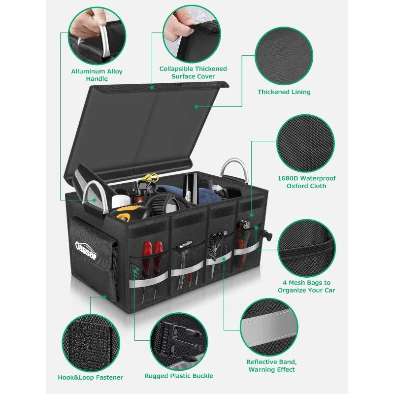 Trunk Organizer Car Accessories Trunk Storage Waterproof Collapsible Durable Multi Compartments with Foldable Cover