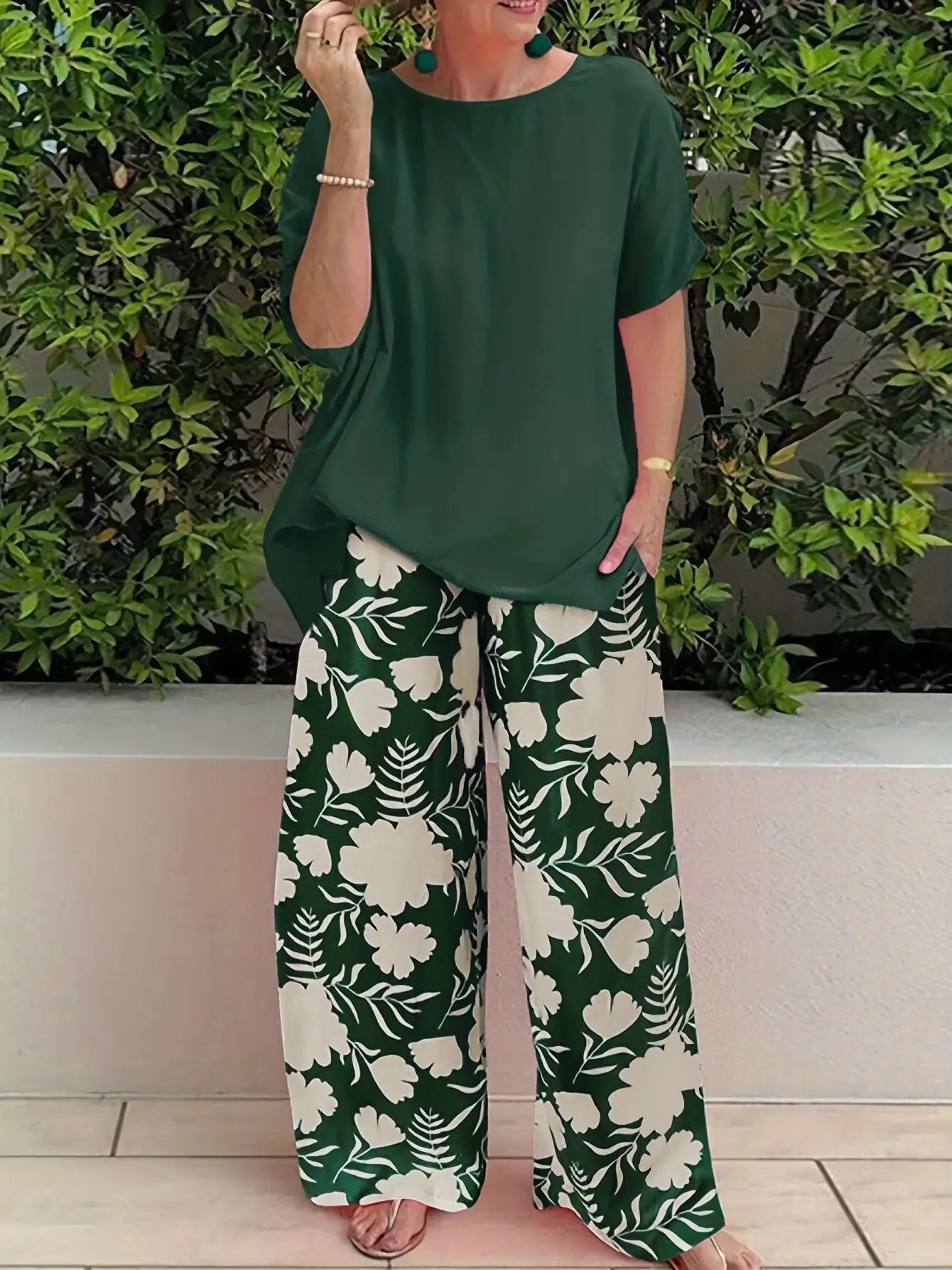 Wide Leg Pant Two Piece Set Women Fashion Short Sleeve Shirt and Pant