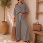 Fashion Stripe Two Piece Set Women Summer Autumn Casual V Neck Long Sleeved Top Wide Leg Pants 2 Piece Suit Women Outfit Sets