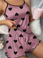 New Women's Pajama Set Leopard Print Heart Printing Round Neck T-Shirts Shorts Homewear Ice Silk Suspender Top Shorts Sleepwear