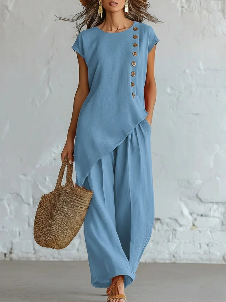Women 2 Piece Set Elastic Waist Pocket Button Decorate Wide Leg