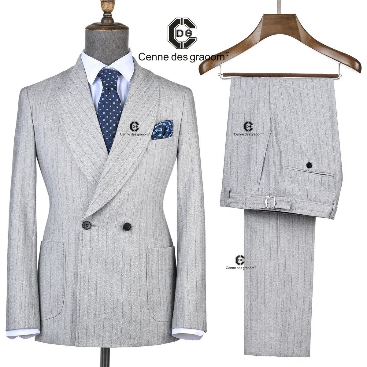 Cenne Des Graoom Light Grey Striped Double-Breasted Men Suits with