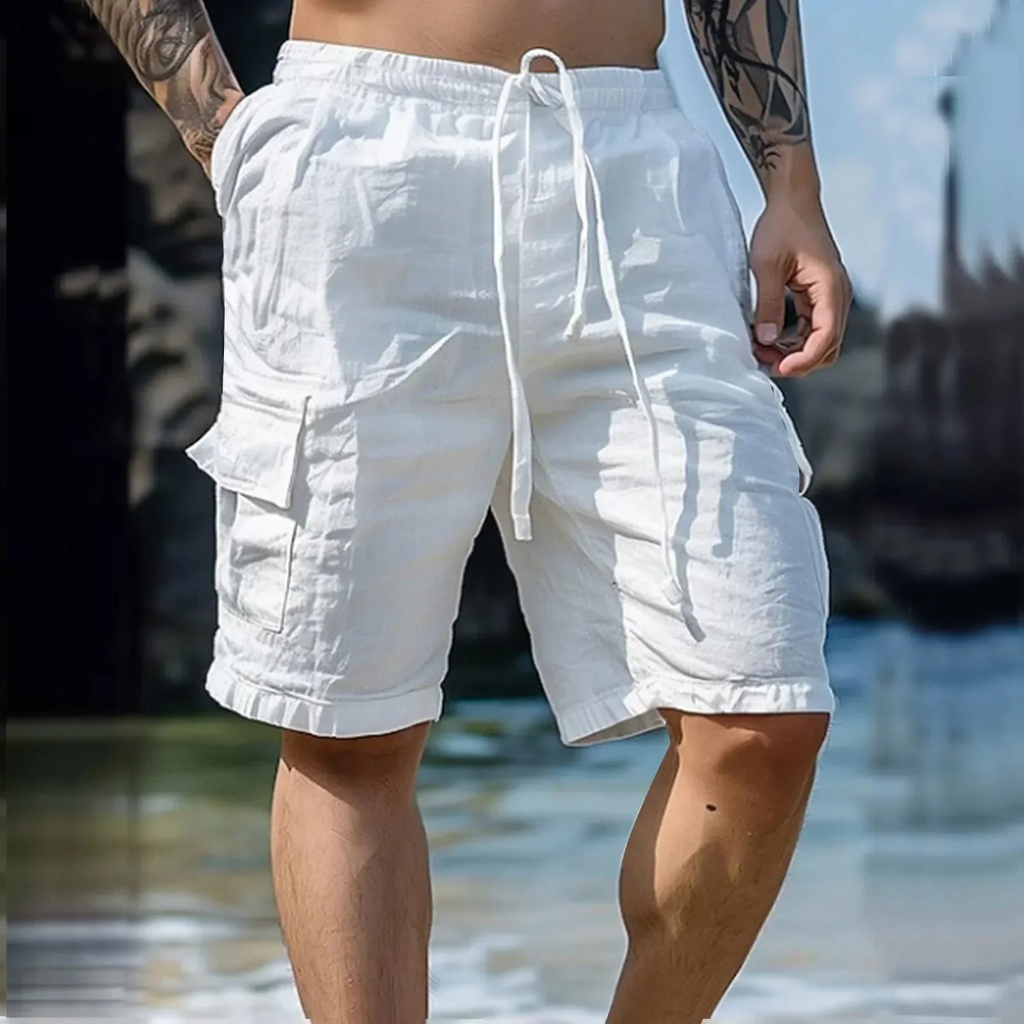 Men's Loose White Cargo Beach Shorts 2026
