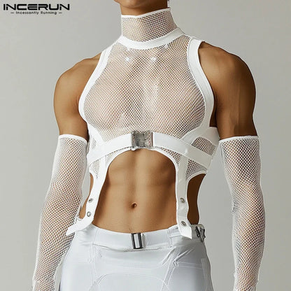 Fashion Casual Style Tops INCERUN Men Deconstruction Sleevelet Vests Sexy Buckle Mesh Splicing Half High Neck Cropped Tank Tops