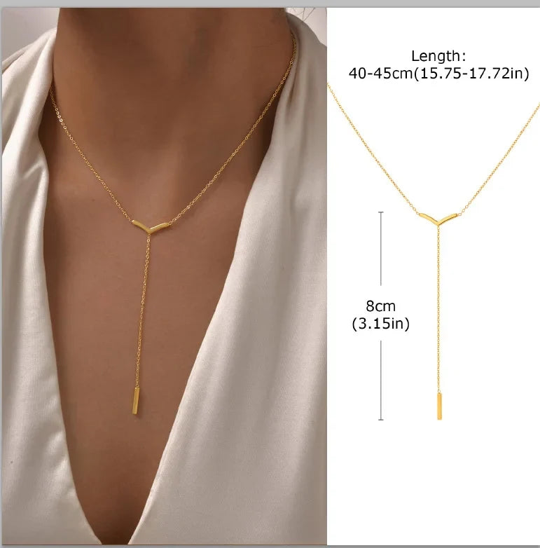 Stainless Steel Lariat Necklace Gold Plated, Dainty Long Necklace Laryered Necklaces For Women Girls, Y Shape Drop Pendant