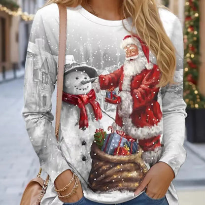 Women Sweatshirt Designer Round Neck Long Sleeve Fashion Casual Santa Claus Red New Year Graphic Print Tops