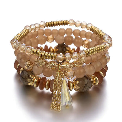4Pcs Bohemian Women Pink Tassel Bracelet Set For Female I Love You Feather Round Charm Beads Chain Bangle Fashion Party Jewelry