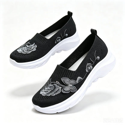 2026 Summer Women Breathable Knit Floral Embroidery Platform Loafers Slip On Walking Shoes Lightweight Soft Cushion Insole Anti Slip Wedge Sole Comfort Casual Daily Outdoor Travel Nurse Footwear Black Khaki Green Multiple Siz