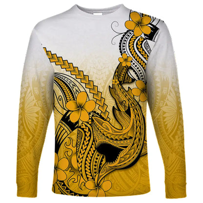 2024 new men's long-sleeved T-shirt 3D printed Polynesian flowers gradient printing men's autumn tops casual round neck street