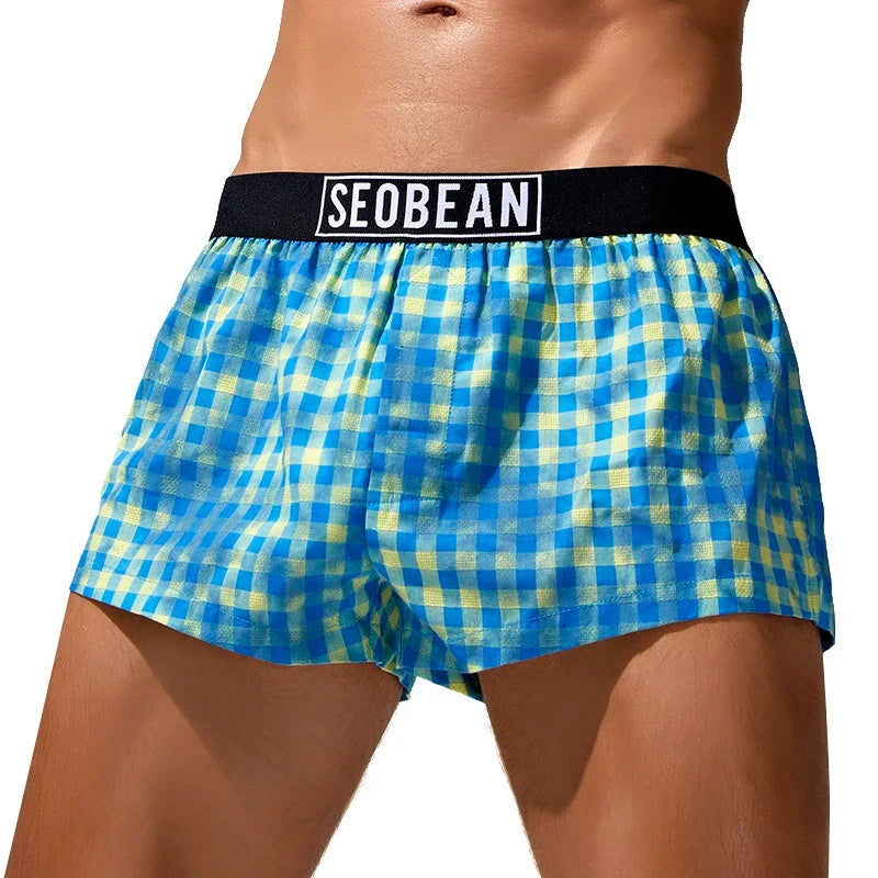 SEOBEAN Mens Cotton Plaid Underwear Boxers U convex Pouch Sleepwear Shorts Underpants Boxer Shorts