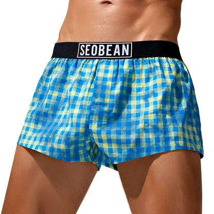 SEOBEAN Mens Cotton Plaid Underwear Boxers U convex Pouch Sleepwear Shorts Underpants Boxer Shorts