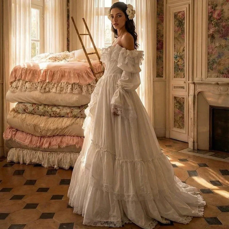 Eightree Vintage A-Line Wedding Dresses Puff Sleeve Lace Princess Wedding Ball Gowns Women Ruffled Bridal Prom Dress Customized