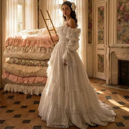 Eightree Vintage A-Line Wedding Dresses Puff Sleeve Lace Princess Wedding Ball Gowns Women Ruffled Bridal Prom Dress Customized