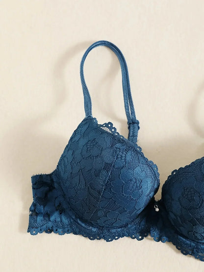 1 Set Elegant Lace Embroidery & Breathable Fabric Lingerie Set: Push-Up Bra, Drop Waist Sheer Panty - Ultimate Valentine's Day