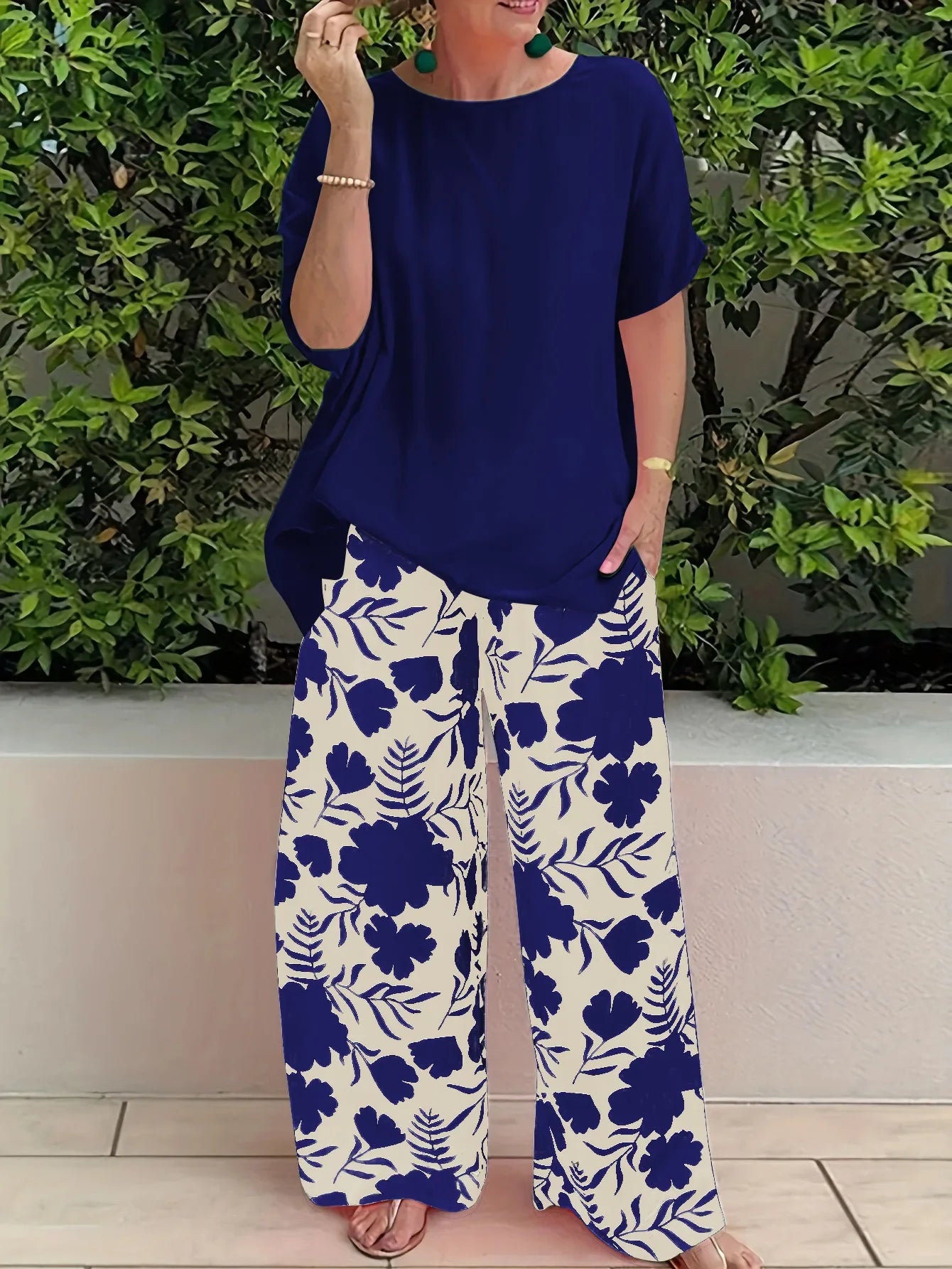 Wide Leg Pant Two Piece Set Women Fashion Short Sleeve Shirt and Pant