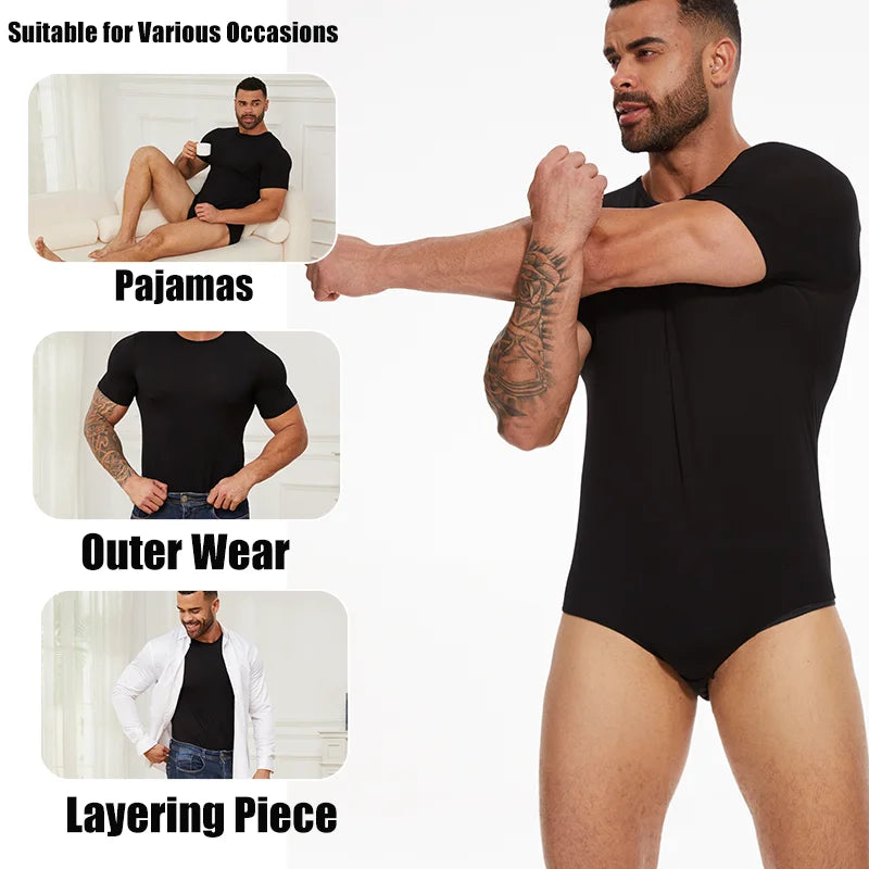 Mens Round Neck Bodysuit Short Sleeve Jumpsuit Press Crotch Underwear Adult Leotard for Shapewear Compression Romper Undershirt