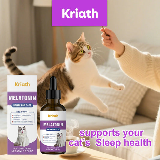 Kriath Cat Melatonin Drops 60ml Pet Calming Supplement Liquid Improve Sleep Quality Reduce Stress Anxiety Relief for Cats