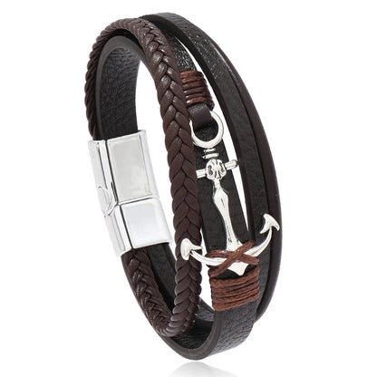 Leather Bracelet For Men Alloy Anchor Leather Bracelet Simple Style, Multi-layer Hand-made Leather Men's Magnet Buckle