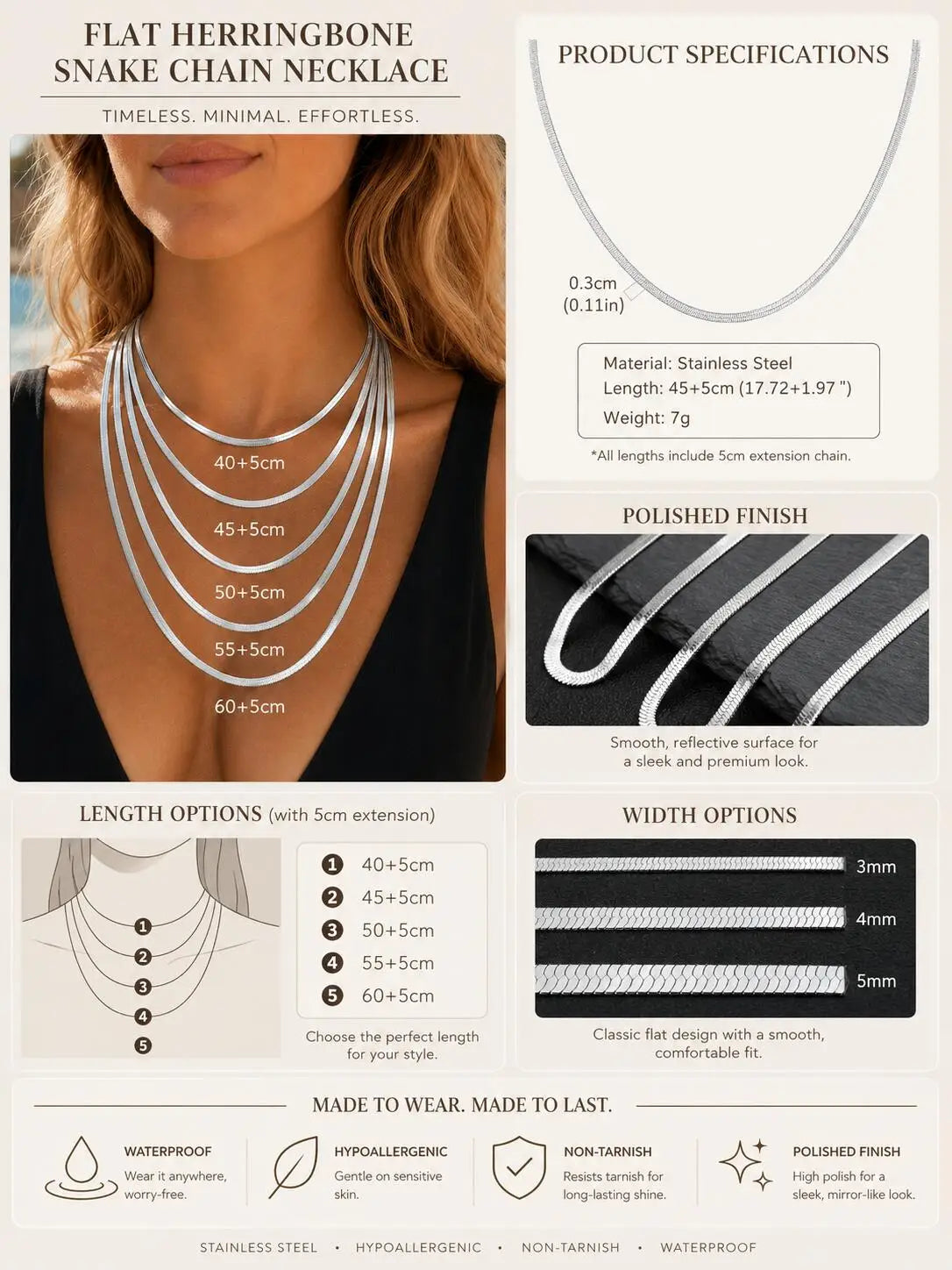 Stainless Steel Snake Chain Necklace for Women Men, Silver Color Herringbone Choker Flat Neck Chain 40-60cm Summer Jewelry