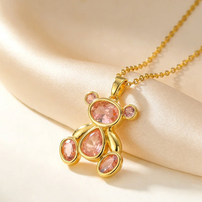 Delicate Cute Pink Zircon Bear Pendant Necklace for Women Girl, Stylish Animal Necklace, Exquisite Luxury Jewelry Accessories