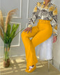 Women Autumn Winter Trouser Set Pants Suit Belt Long Sleeve Turndown Collar Button Printing Color Casual Fashion Regular Pants
