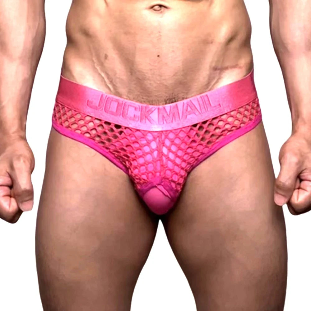 Mens Slip Bikini Jockstrap Briefs Mens Panties Sexy Fishnets Hole Transparent Mesh Ice Silk Men Underwear Sissy Men Underpants